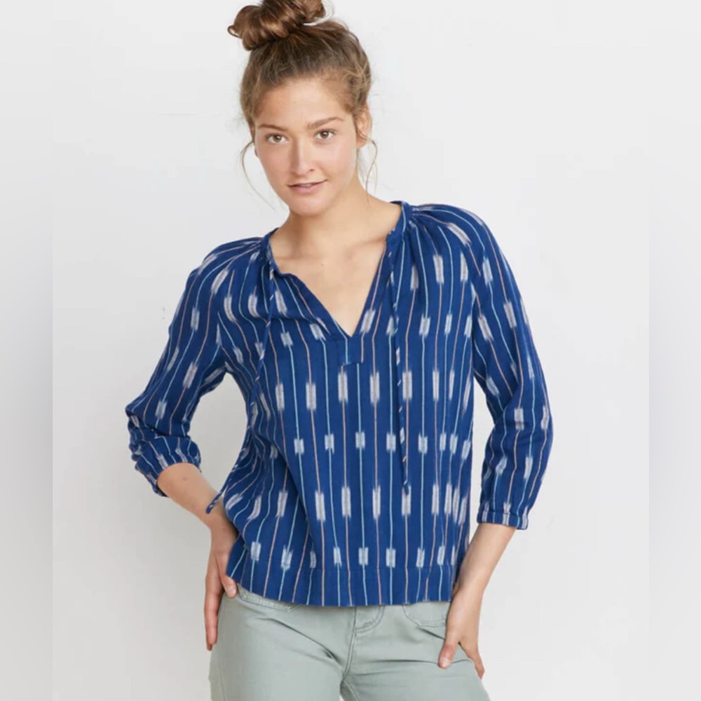 MARINE LAYER Penny Blouse in Blue Ikat 100% Cotton Tapestry Handwoven Size S